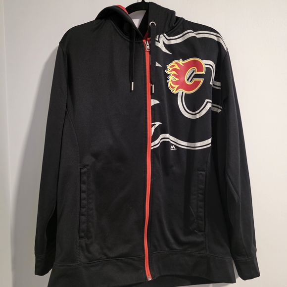 Majestic Other - Calgary Flames Black and Red Men's Varsity Jacket Large